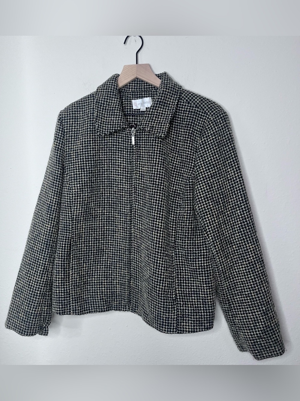 Vintage Erin London Houndstooth Full Zip Collar Blazer Jacket Cropped Petite L